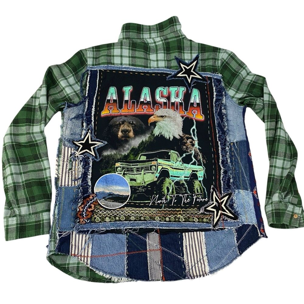 Upcycled Flannel Shirt Shacket Womens Large Alaska Grunge Patchwork Folk Art - Picture 14 of 16